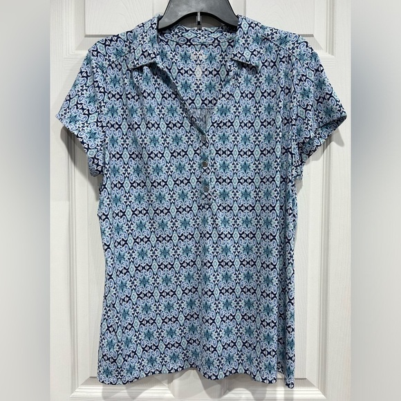 Croft & Barrow Women’s XL Shirred Shoulder Popover Shirt Blouse Blue Pattern - Picture 1 of 4